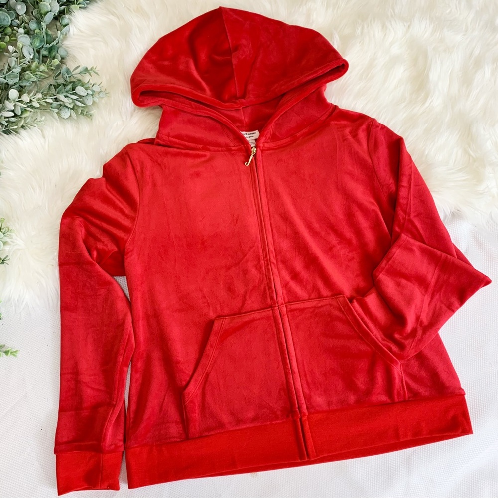 Juicy Couture Red Velvet zip up hoodie Gold cursive lettering logo on back Med - Picture 2 of 6